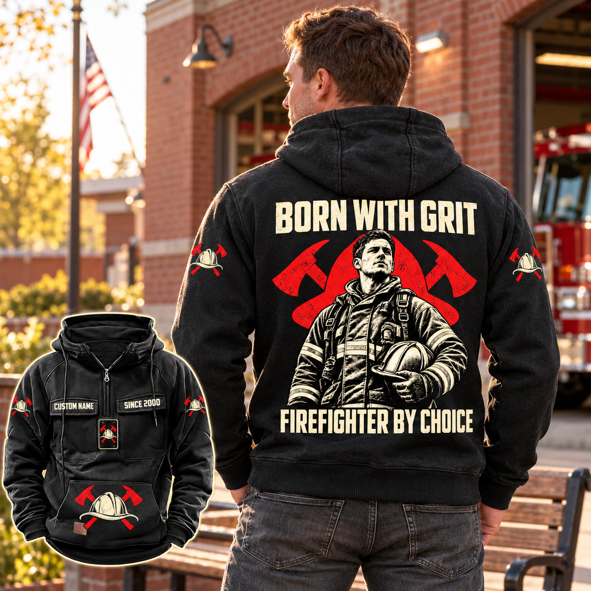 Black Firefighter By Choice vintage hoodie on an off-duty model outside a brick fire station, with a large back statement illustration and a smaller front-view inset.