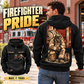 Black firefighter vintage hoodie shown from the back on an off-duty man by a firehouse bench, with kneeling firefighter artwork and a smaller front view.