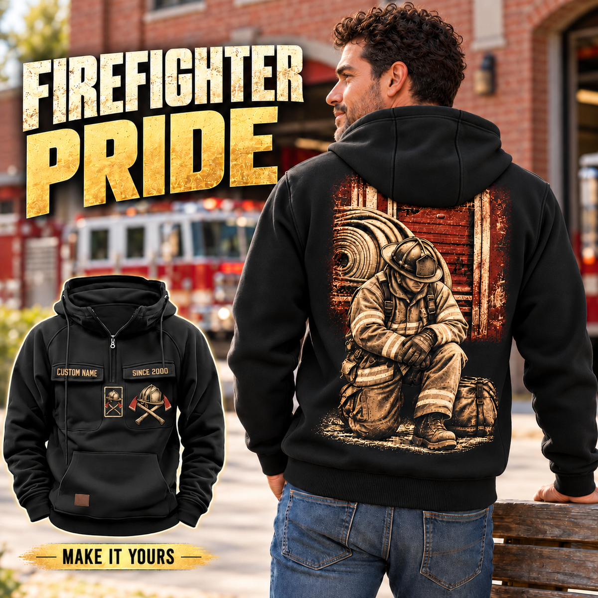 Black firefighter vintage hoodie shown from the back on an off-duty man by a firehouse bench, with kneeling firefighter artwork and a smaller front view.