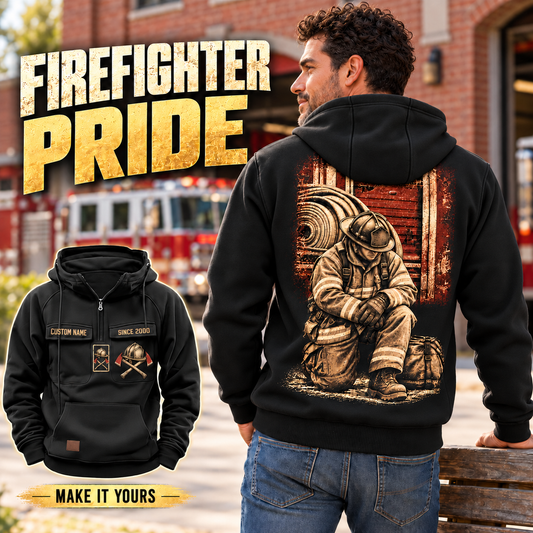 Black firefighter vintage hoodie shown from the back on an off-duty man by a firehouse bench, with kneeling firefighter artwork and a smaller front view.