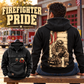 Black Firefighter Workday Portrait Vintage Hoodie shown from the back on an off-duty man seated outside a fire station, with a smaller front view.