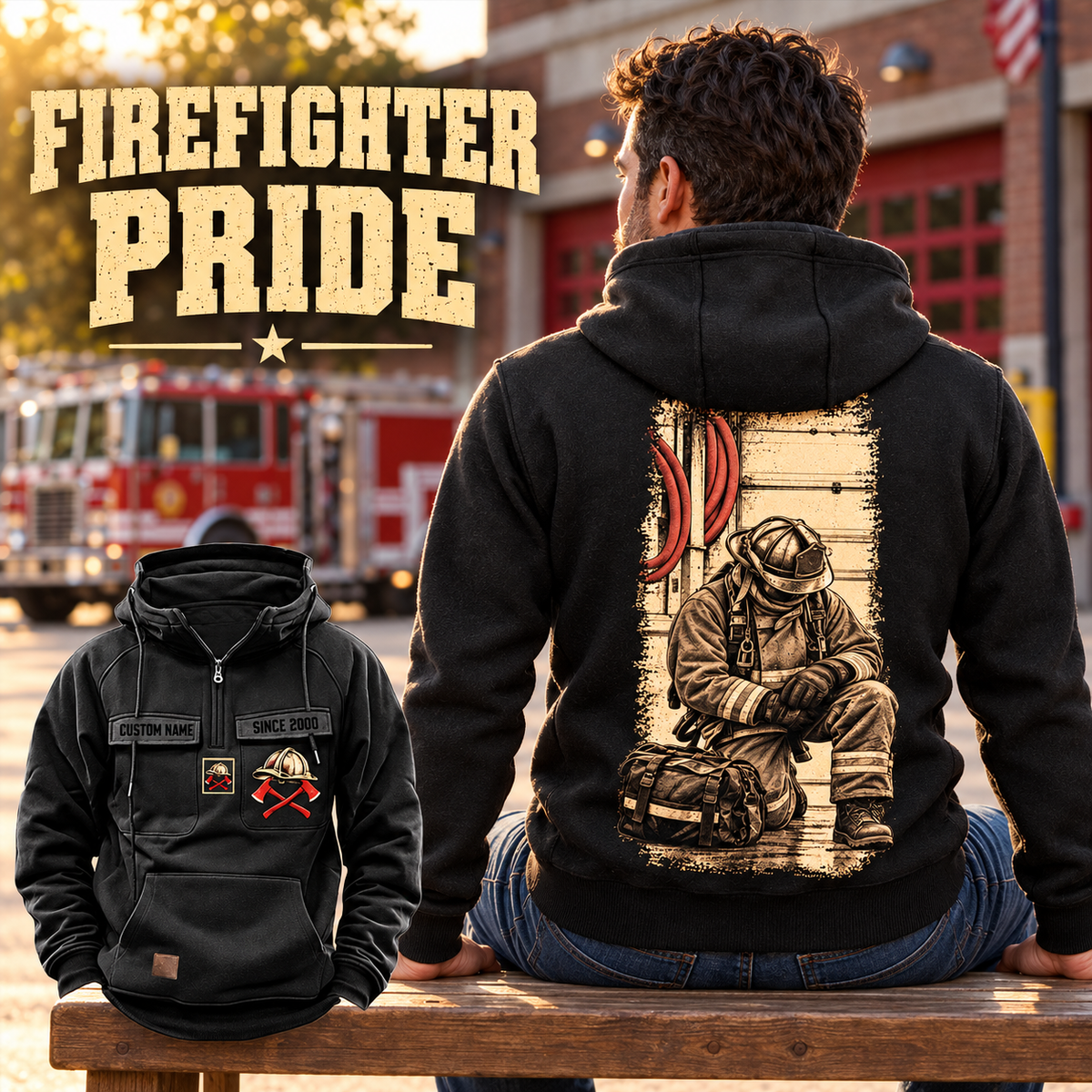 Black Firefighter Workday Portrait Vintage Hoodie shown from the back on an off-duty man seated outside a fire station, with a smaller front view.