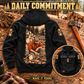 Black Logger Daily Commitment Vintage Hoodie displayed back-up on a timber workbench, showing its kneeling logger and cut-timber illustration, with a smaller front-view inset.