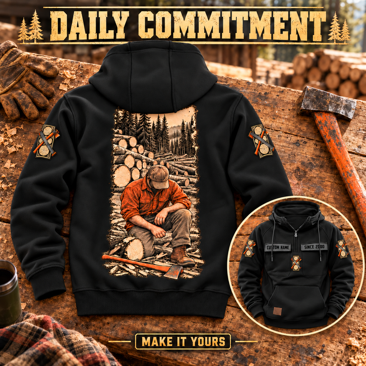 Black Logger Daily Commitment Vintage Hoodie displayed back-up on a timber workbench, showing its kneeling logger and cut-timber illustration, with a smaller front-view inset.