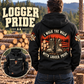 Black Logger Walk the Walk Badge Vintage Hoodie shown from behind in a timber yard, with cream slogan banners, boots-and-logs artwork and a smaller front-view inset.