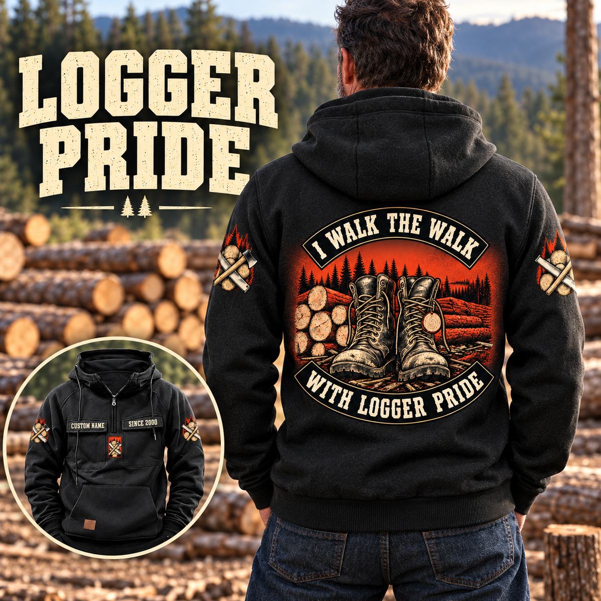 Black Logger Walk the Walk Badge Vintage Hoodie shown from behind in a timber yard, with cream slogan banners, boots-and-logs artwork and a smaller front-view inset.