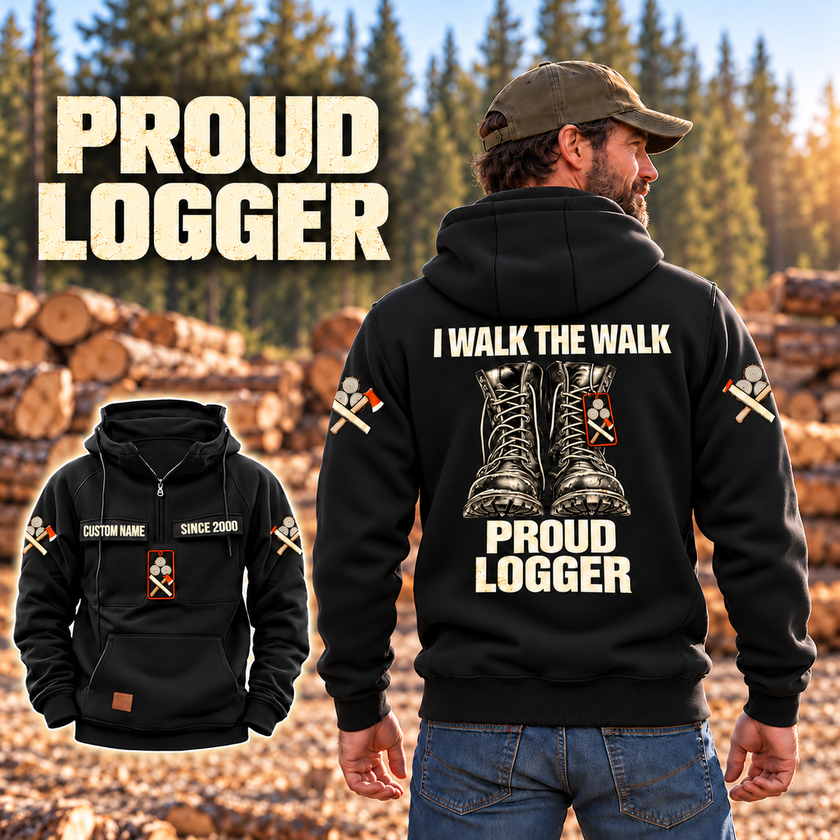 Black Logger Proud Walk Vintage Hoodie on an off-duty model at a timber yard, showing I WALK THE WALK boot artwork and a smaller front view.