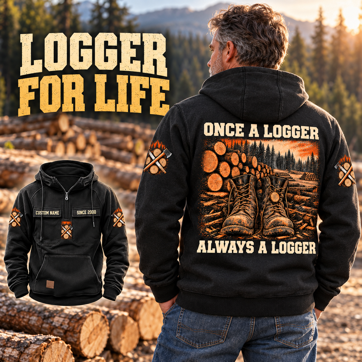 Black Logger Once and Always Vintage Hoodie on a relaxed model at a timber landing, with boots and cut-log back artwork and a small front inset.
