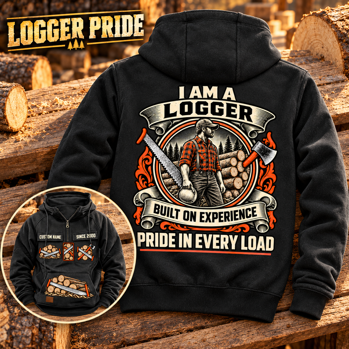 Black Logger Heritage Crest Vintage Hoodie on a timber bench, with a large logger back crest and smaller front-view inset showing CUSTOM NAME and SINCE 2000.