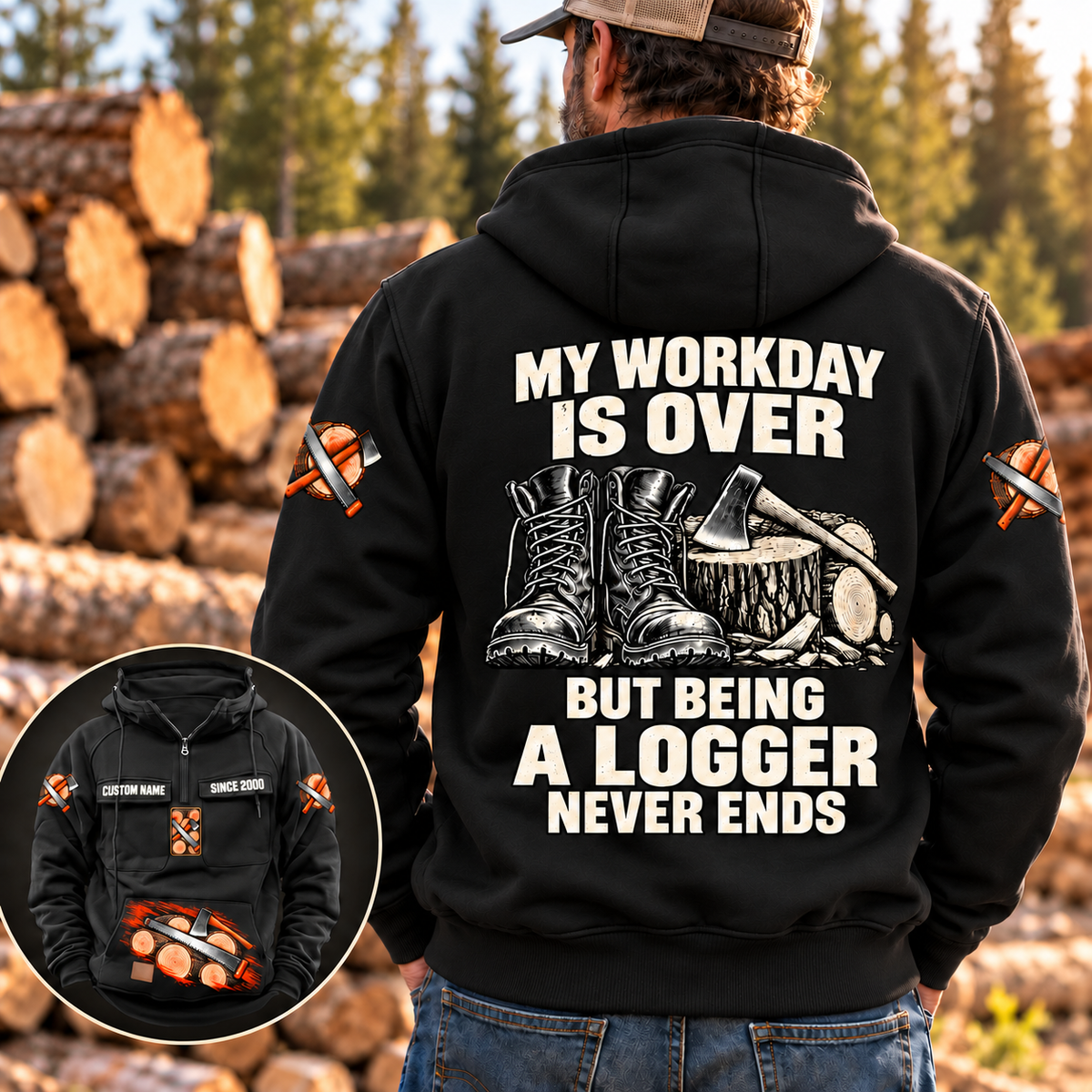 Black Logger Never Ends Vintage Hoodie shown on a back-view model at a quiet timber yard, with cream boots-and-axe slogan artwork and a smaller front inset.