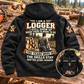 Black Logger Skills and Pride Vintage Hoodie displayed back-up on a timber-yard bench, with a smaller front-view inset showing sample chest text and logging-tool artwork.