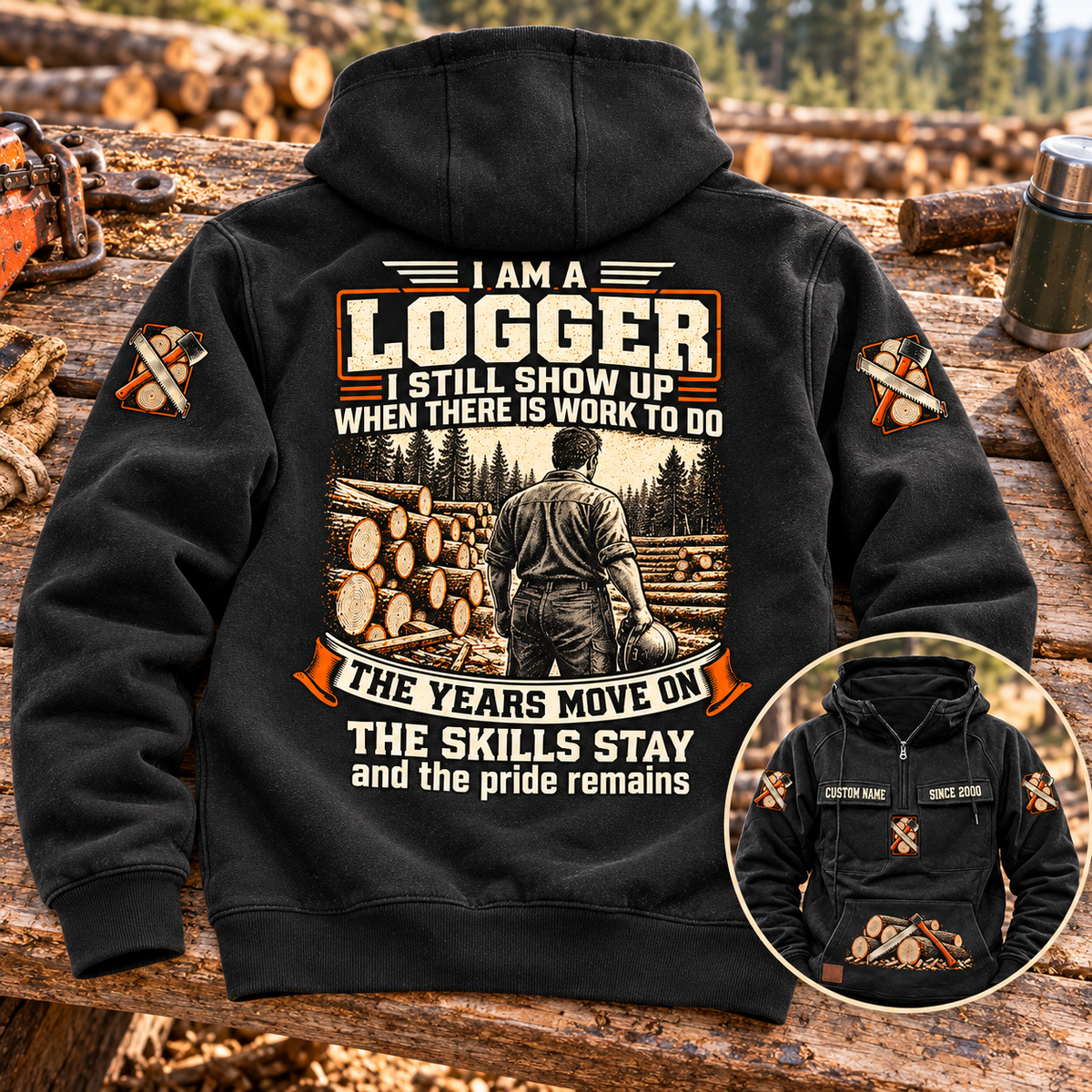 Black Logger Skills and Pride Vintage Hoodie displayed back-up on a timber-yard bench, with a smaller front-view inset showing sample chest text and logging-tool artwork.