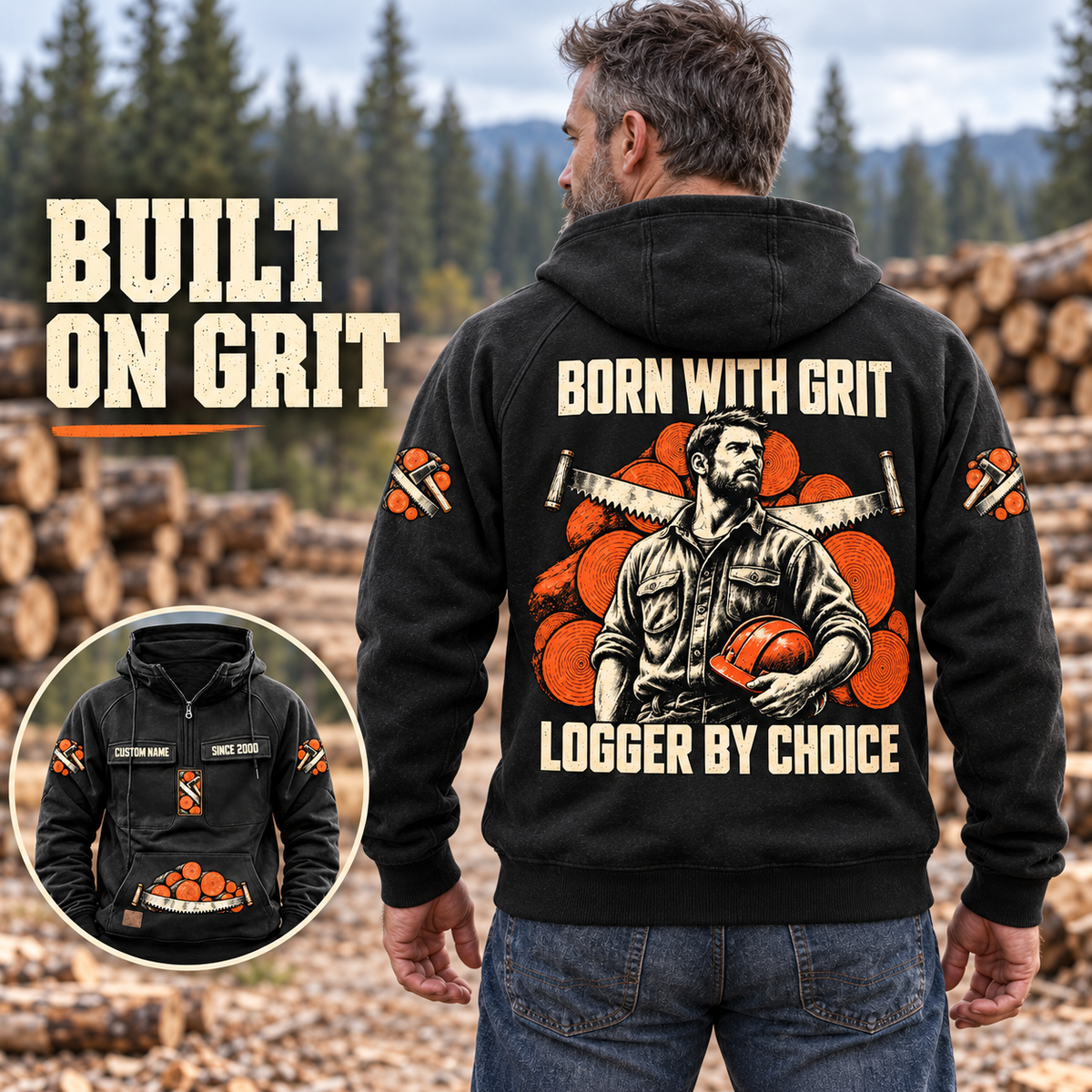 Black Logger By Choice Vintage Hoodie on an off-duty model at a timber yard, with readable back artwork and a smaller front detail inset.