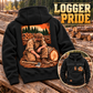 Black Logger Ready Every Day Vintage Hoodie on a timber bench, showing the kneeling logger back artwork and a smaller front inset with CUSTOM NAME and SINCE 2000.