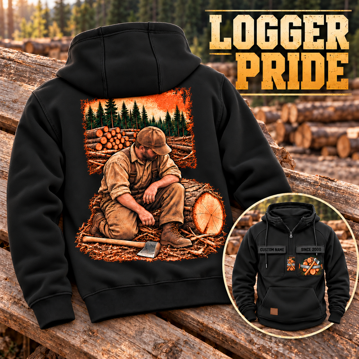 Black Logger Ready Every Day Vintage Hoodie on a timber bench, showing the kneeling logger back artwork and a smaller front inset with CUSTOM NAME and SINCE 2000.