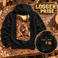 Black Logger Workday Portrait Vintage Hoodie on a timber workbench, with a large kneeling logger and forest back print and a smaller front-view inset.
