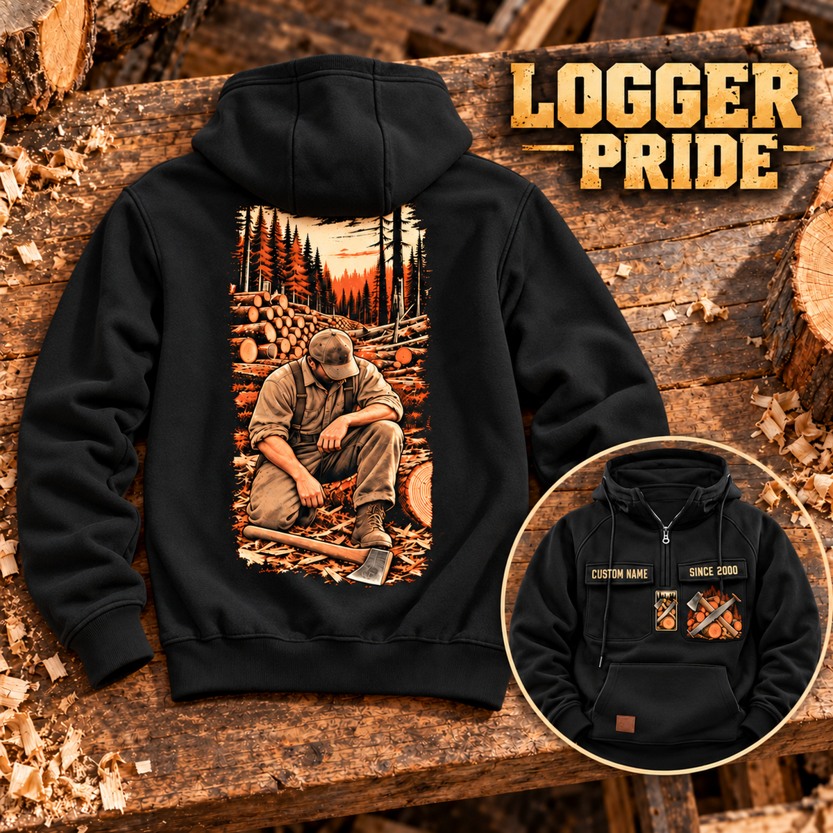 Black Logger Workday Portrait Vintage Hoodie on a timber workbench, with a large kneeling logger and forest back print and a smaller front-view inset.