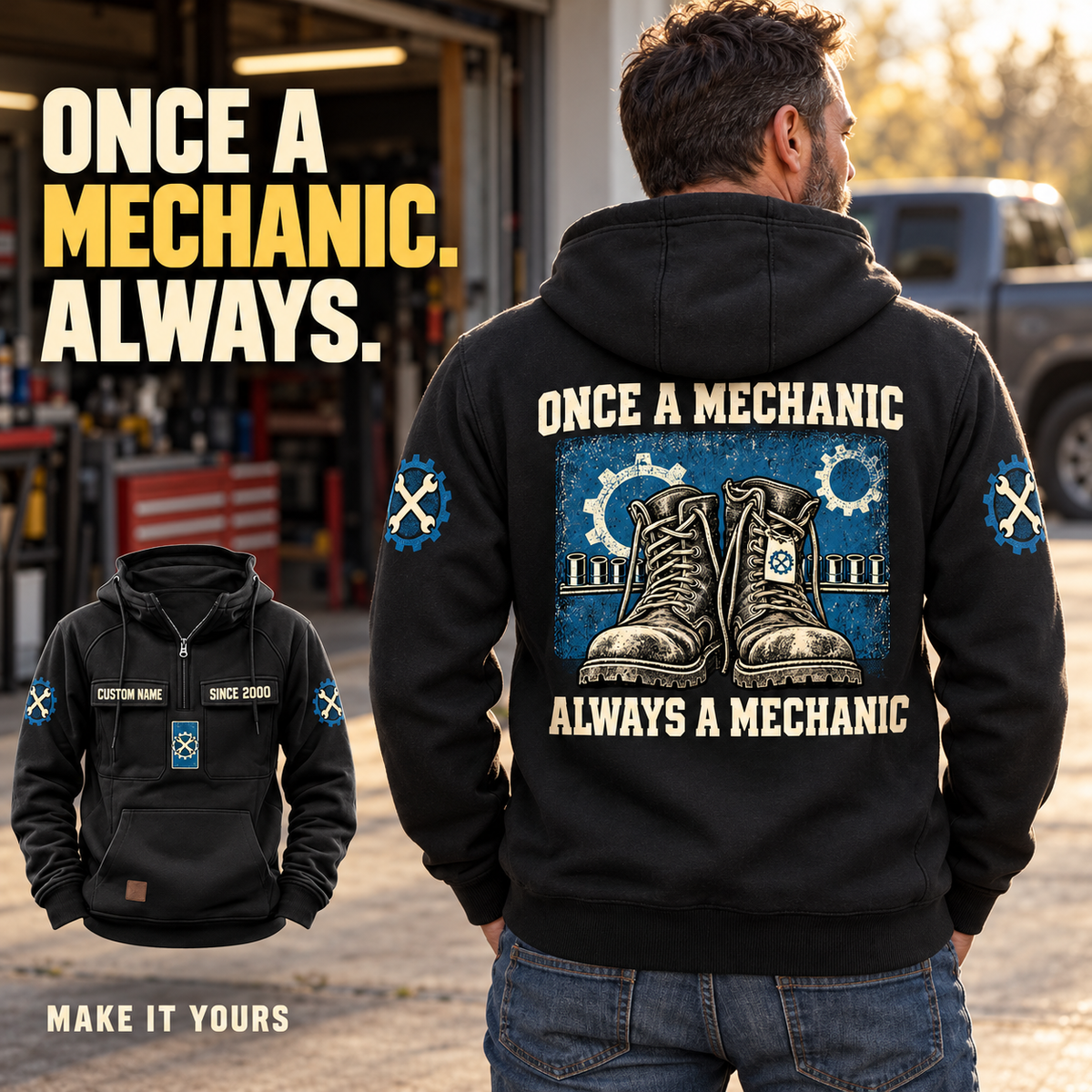 Black Mechanic Once and Always Vintage Hoodie worn from the back at a garage entrance, showing blue boot-and-gear artwork, with a complete front inset.