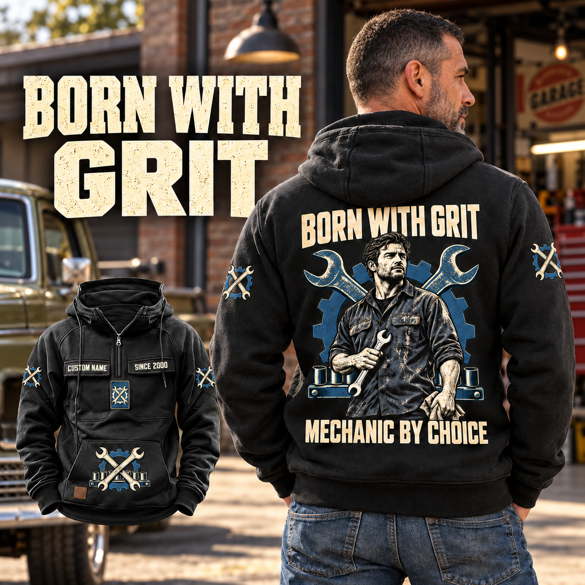 Black Mechanic By Choice Vintage Hoodie worn from the back beside a parked vintage truck, showing cream and blue mechanic artwork and a smaller front-view inset.
