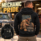 Black Mechanic Ready Every Day Portrait Vintage Hoodie shown from the back at a garage, with kneeling mechanic artwork and a smaller front inset.