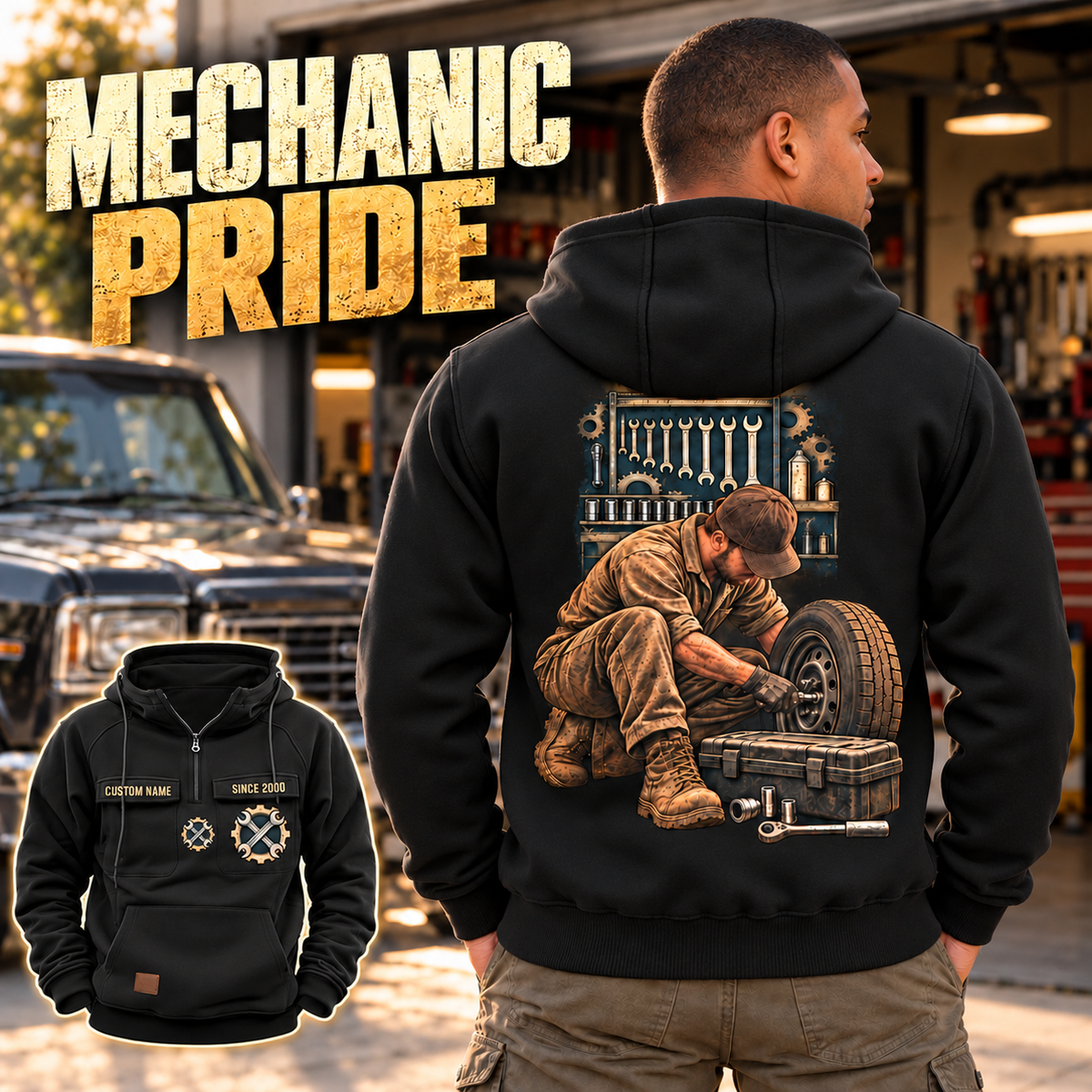Black Mechanic Ready Every Day Portrait Vintage Hoodie shown from the back at a garage, with kneeling mechanic artwork and a smaller front inset.