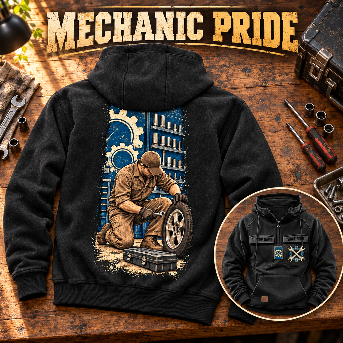 Black Mechanic Workday Portrait Vintage Hoodie on a mechanic’s workbench, with a large kneeling-mechanic back panel and smaller front inset showing chest emblems and sample text.