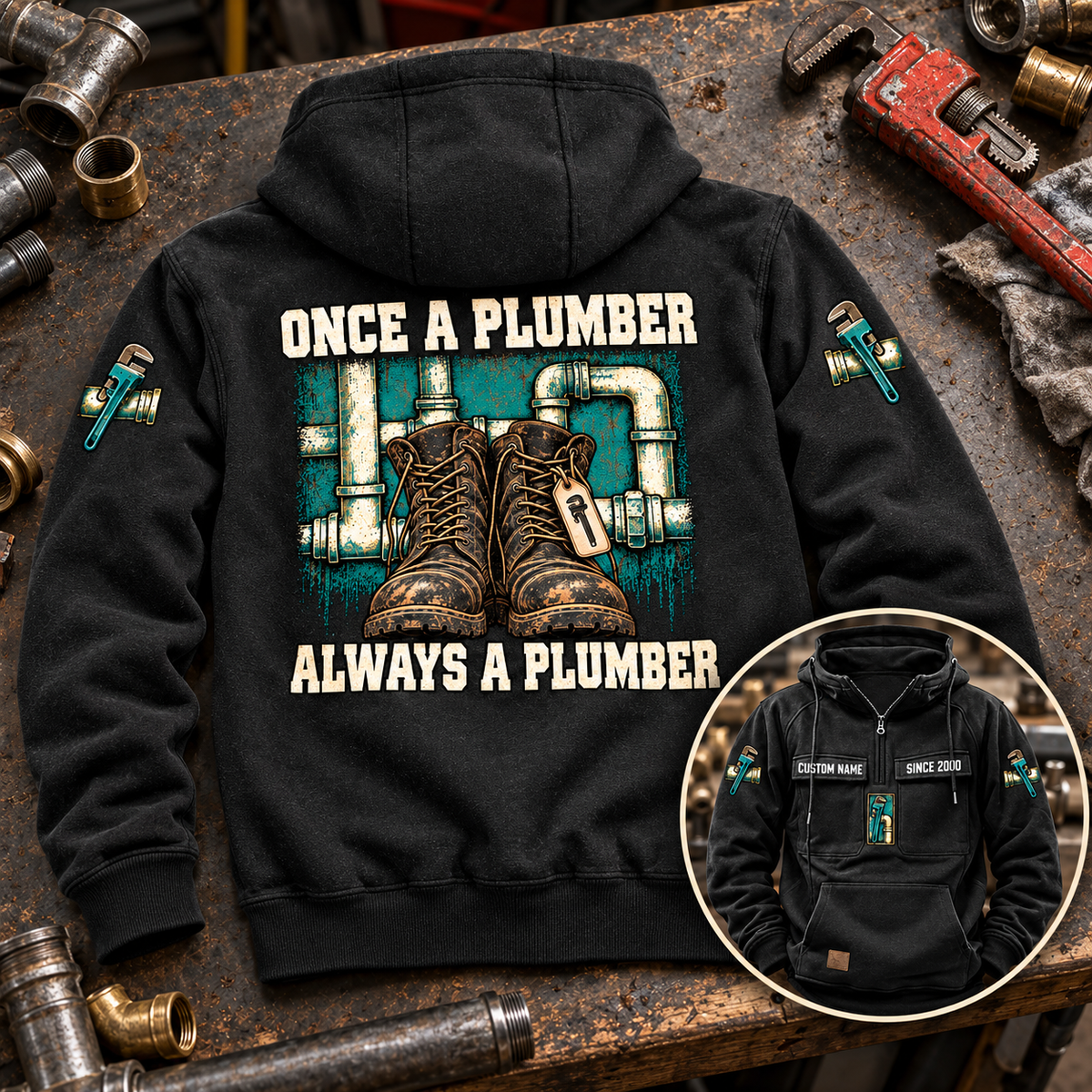 Black Plumber Once and Always Vintage Hoodie with boots and pipework back artwork on a plumbing workbench, plus a smaller front-view inset.