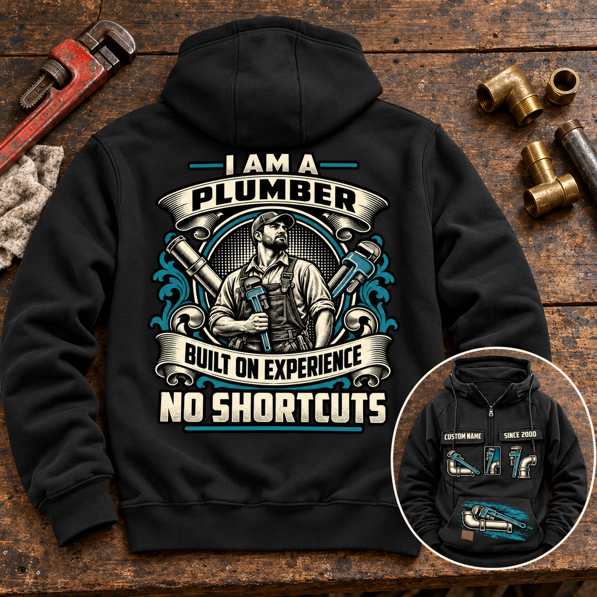 Black Plumber Heritage Crest Vintage Hoodie with cream and teal back artwork on a plumbing workbench, plus a smaller front-view inset.