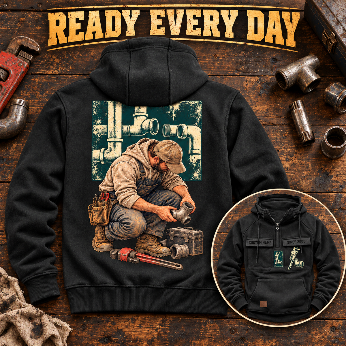 Black Plumber Ready Every Day Vintage Hoodie on a plumbing workbench, showing large kneeling-plumber back artwork and a smaller front-view inset.
