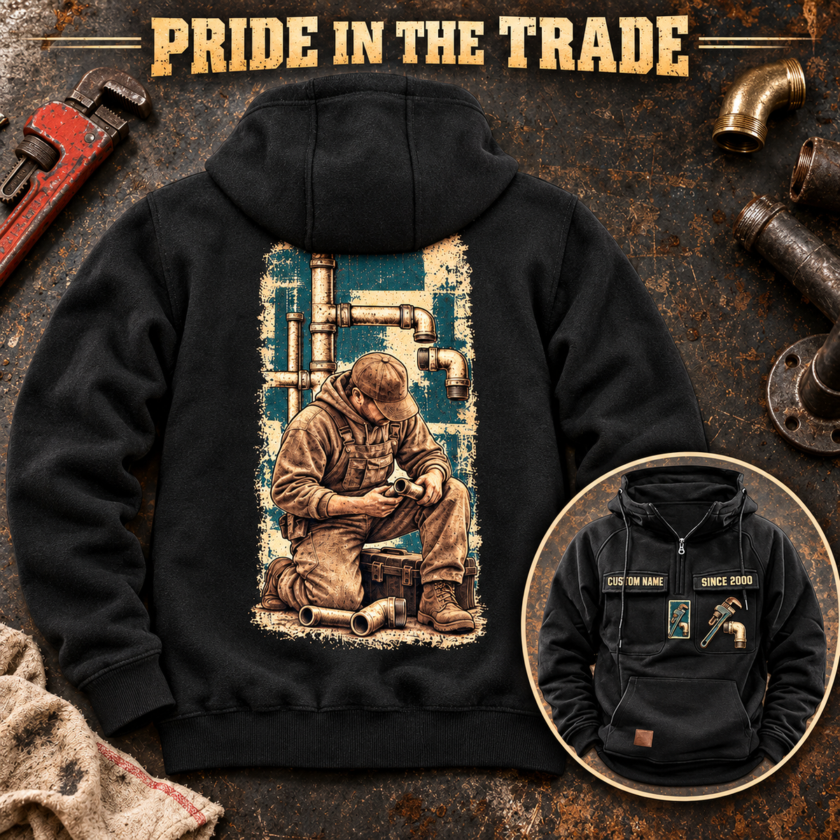 Black Plumber Workday Portrait hoodie with kneeling-plumber back artwork on a plumbing workbench and a smaller front inset.