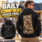 Black Roofer Daily Commitment hoodie on a back-view model at a roofing supply yard, with kneeling roofer artwork and smaller front view showing CUSTOM NAME and SINCE 2000.