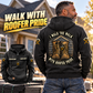 Black Roofer Walk the Walk Badge Vintage Hoodie worn from the back beside roofing shingles, showing the boots badge and roofer-pride banners, with a smaller front view showing CUSTOM NAME and SINCE 2000.