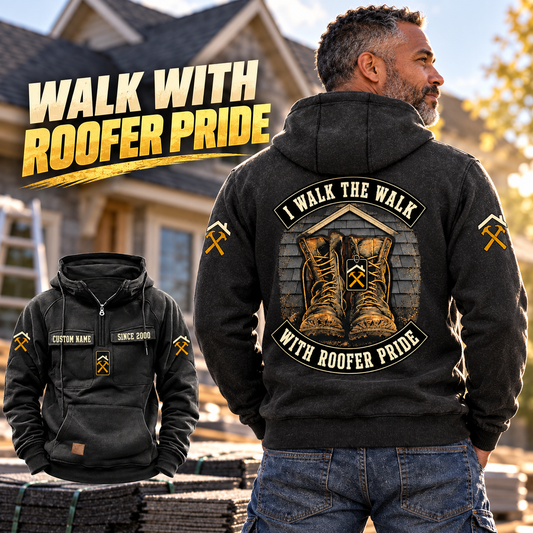 Black Roofer Walk the Walk Badge Vintage Hoodie worn from the back beside roofing shingles, showing the boots badge and roofer-pride banners, with a smaller front view showing CUSTOM NAME and SINCE 2000.