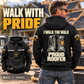 Black Roofer Proud Walk Vintage Hoodie on a rear-facing model beside roofing shingles, with work-boot back artwork, roof-and-hammer sleeve motifs and a smaller front-view inset.