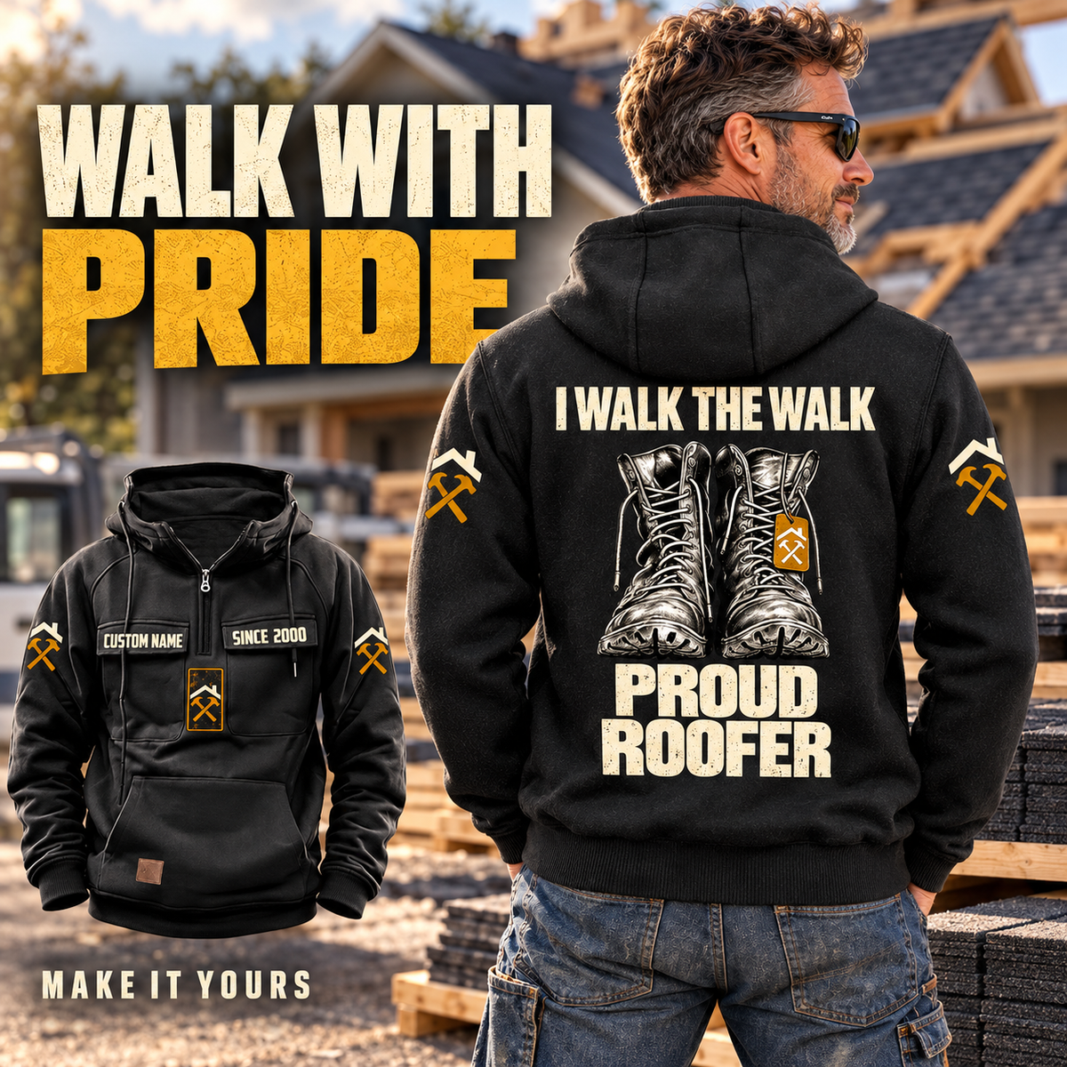 Black Roofer Proud Walk Vintage Hoodie on a rear-facing model beside roofing shingles, with work-boot back artwork, roof-and-hammer sleeve motifs and a smaller front-view inset.