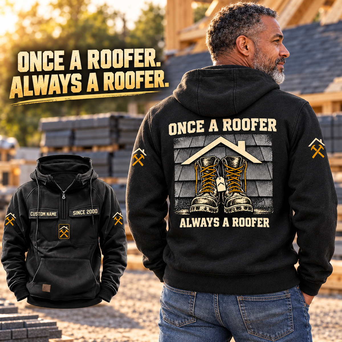 Black Roofer Once and Always Vintage Hoodie worn by an adult model in a roofing yard, showing the boots-and-roofline back print with a smaller front view.