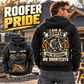 Black Roofer Heritage Crest Vintage Hoodie worn from the back beside a roofing workshop, with a smaller front view showing the sample name, year and roofing artwork.