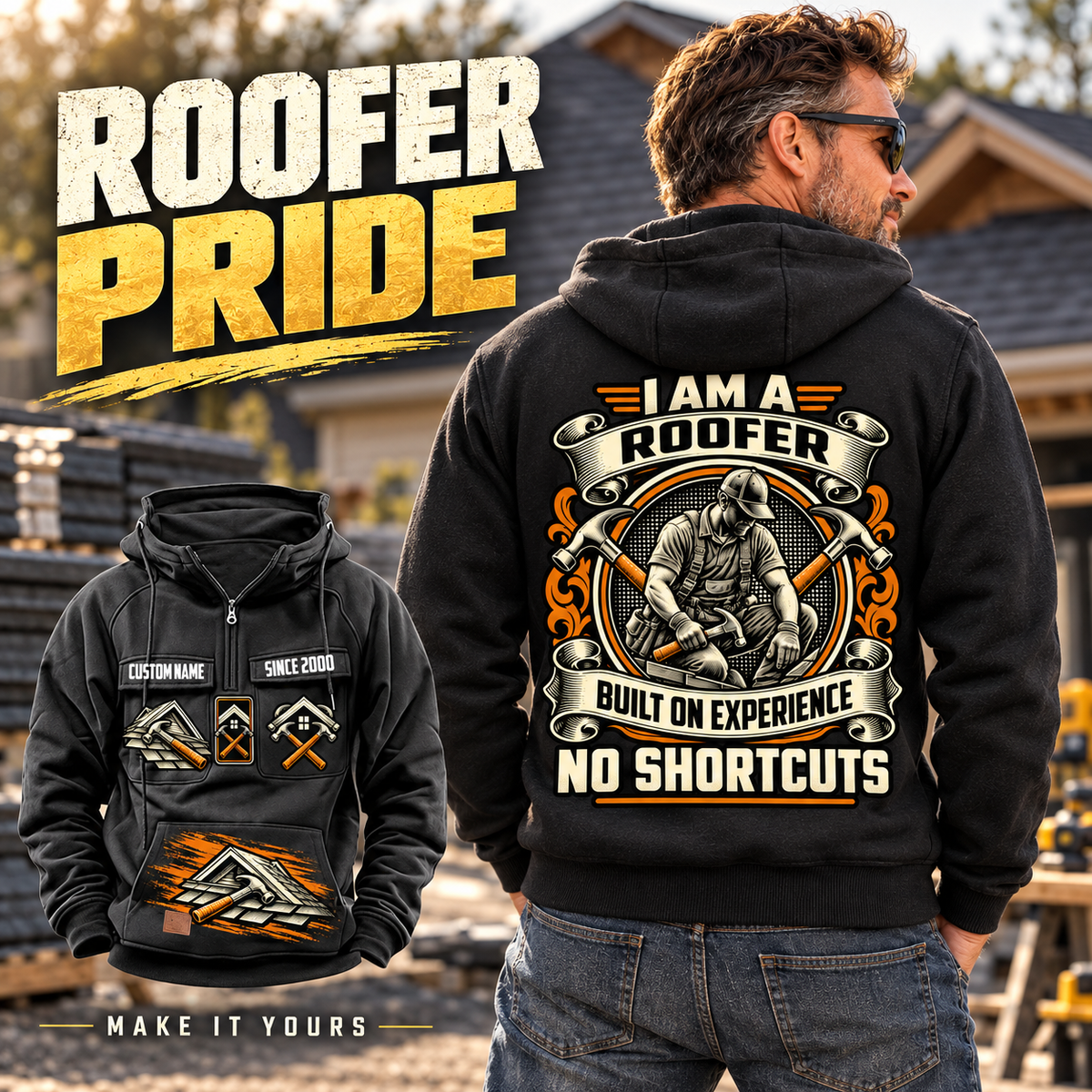 Black Roofer Heritage Crest Vintage Hoodie worn from the back beside a roofing workshop, with a smaller front view showing the sample name, year and roofing artwork.