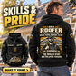 Black Roofer Skills and Pride Vintage Hoodie worn from the back beside a roofing project, with cream and gold roofer artwork and a matching front-view inset.