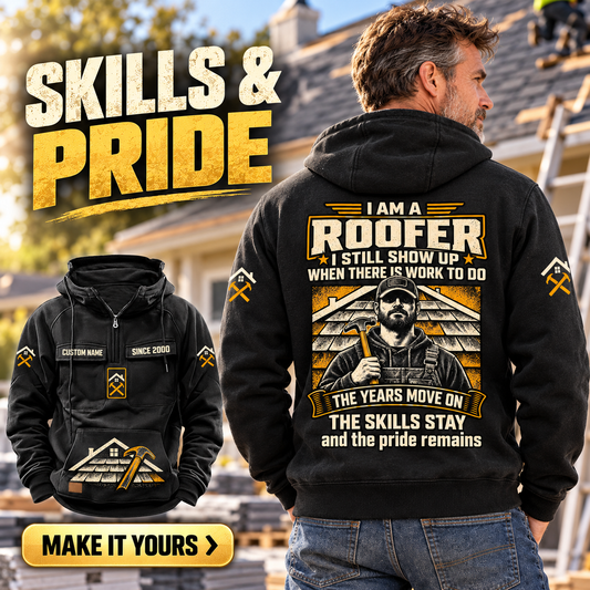 Black Roofer Skills and Pride Vintage Hoodie worn from the back beside a roofing project, with cream and gold roofer artwork and a matching front-view inset.