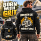 Black Roofer By Choice Vintage Hoodie worn by a man in a roofing materials yard, showing the illustrated back and a smaller front view.