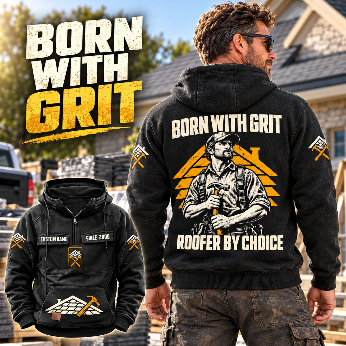 Black Roofer By Choice Vintage Hoodie worn by a man in a roofing materials yard, showing the illustrated back and a smaller front view.