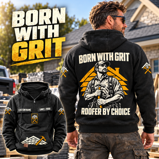 Black Roofer By Choice Vintage Hoodie worn by a man in a roofing materials yard, showing the illustrated back and a smaller front view.