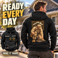 Black Roofer Ready Every Day Portrait Vintage Hoodie shown from the back on a model beside roofing materials, with kneeling roofer artwork and a smaller front view displaying CUSTOM NAME and SINCE 2000.