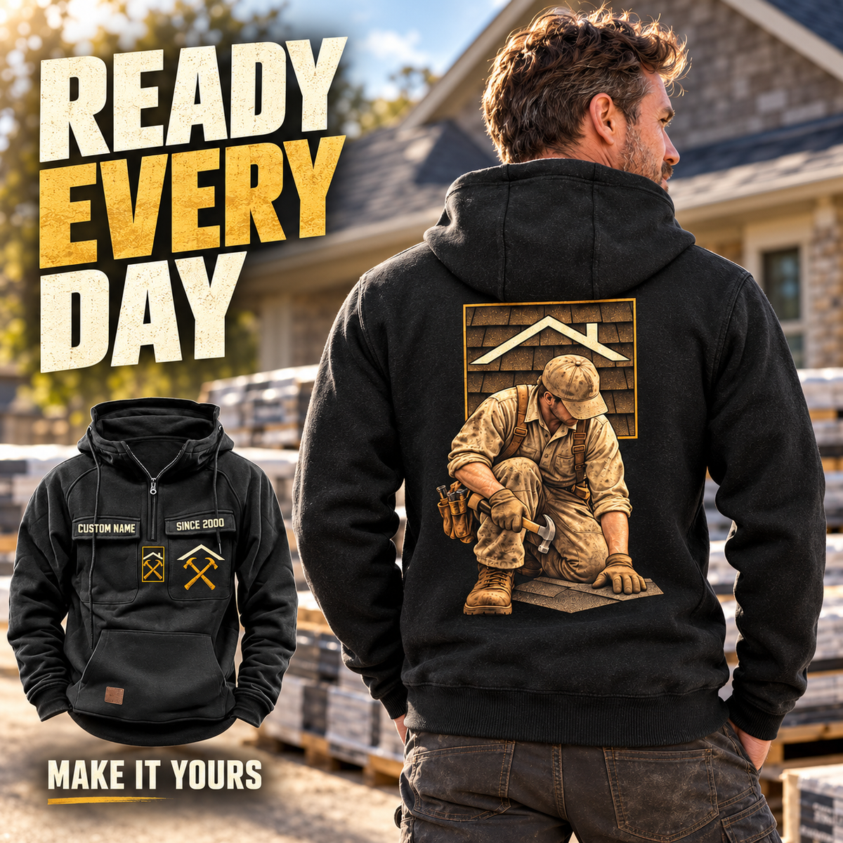 Black Roofer Ready Every Day Portrait Vintage Hoodie shown from the back on a model beside roofing materials, with kneeling roofer artwork and a smaller front view displaying CUSTOM NAME and SINCE 2000.