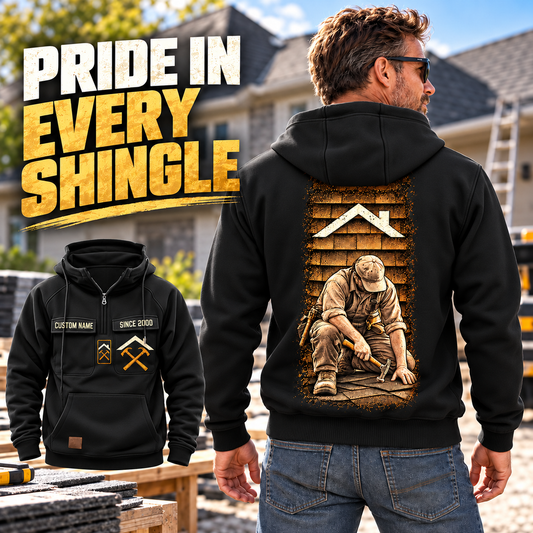 Black Roofer Workday Portrait Vintage Hoodie worn beside a roofing workbench, showing the kneeling-roofer back artwork with a smaller front view and PRIDE IN EVERY SHINGLE headline.