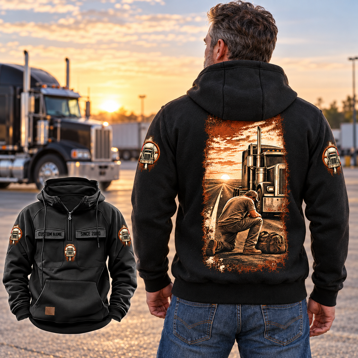 Rear-view adult trucker wearing the Black Daily Commitment Vintage Hoodie with a tall sepia kneeling-trucker scene at a parked truck yard, plus a smaller front-view inset showing chest tabs and plain pouch.