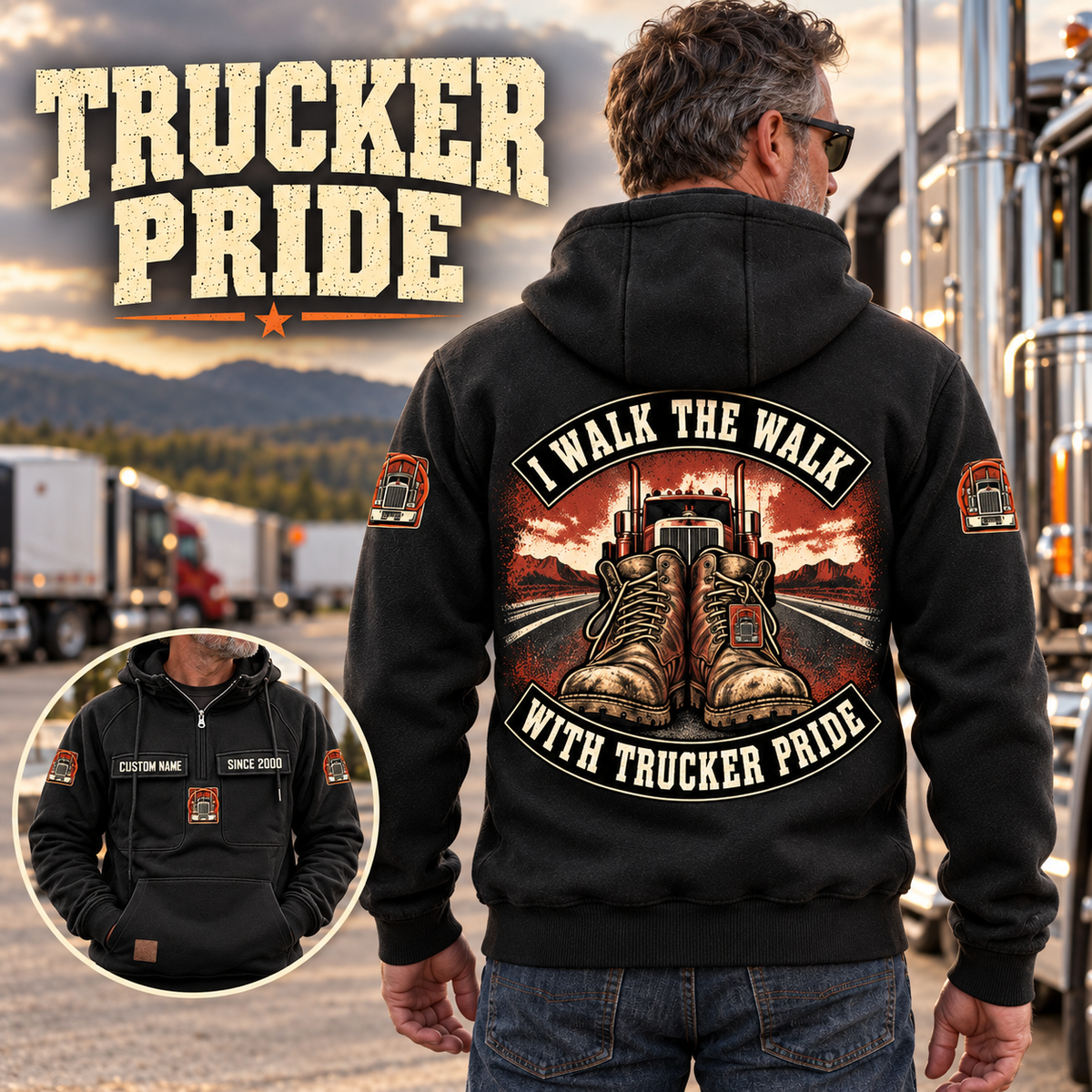 Black Trucker Walk the Walk Badge Vintage Hoodie worn at a parked-truck rest stop, showing boots-and-truck back artwork with a smaller front-view inset.