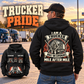 Black Trucker Heritage Crest Vintage Hoodie worn by an off-duty driver at a parked truck stop, with ornate trucker back artwork and a smaller front view.
