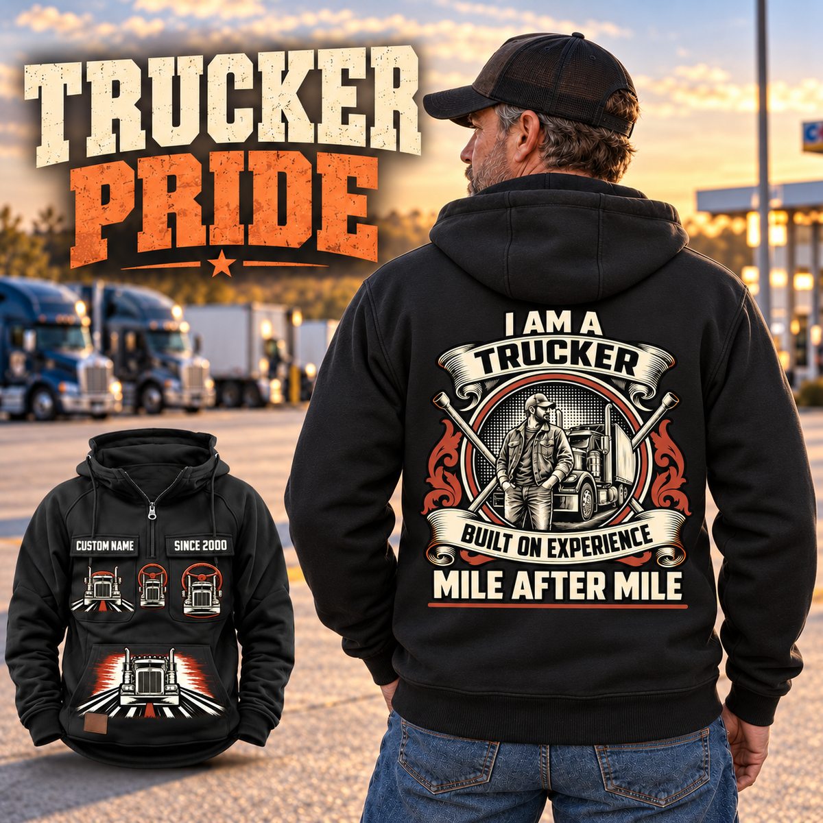 Black Trucker Heritage Crest Vintage Hoodie worn by an off-duty driver at a parked truck stop, with ornate trucker back artwork and a smaller front view.